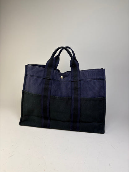 Vintage Hermes Cotton Canvas Tote Navy Black Silver