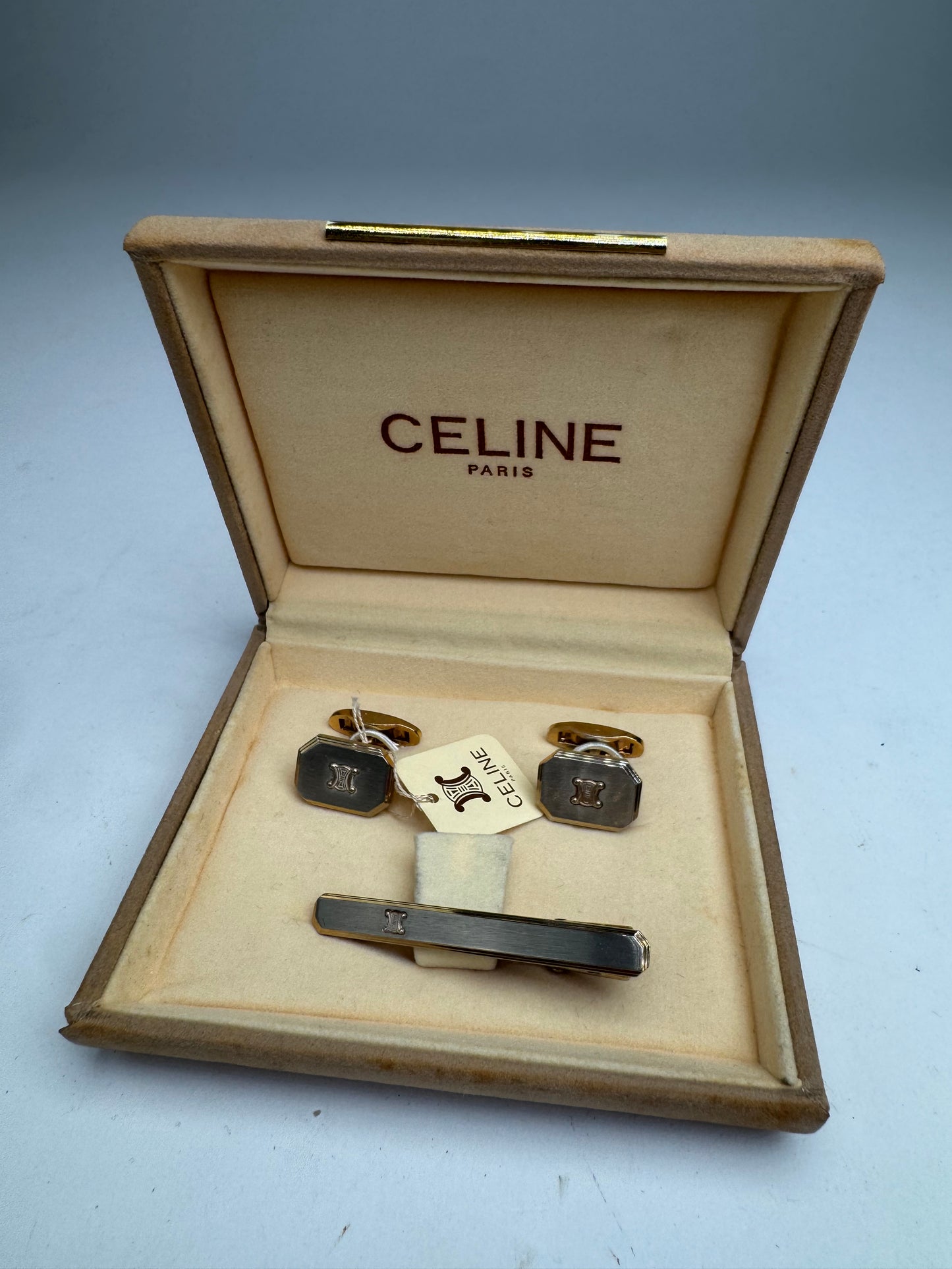Vintage Celine Paris Triomphe Logo Metal Clamp, cufflinks Set Silver Gold