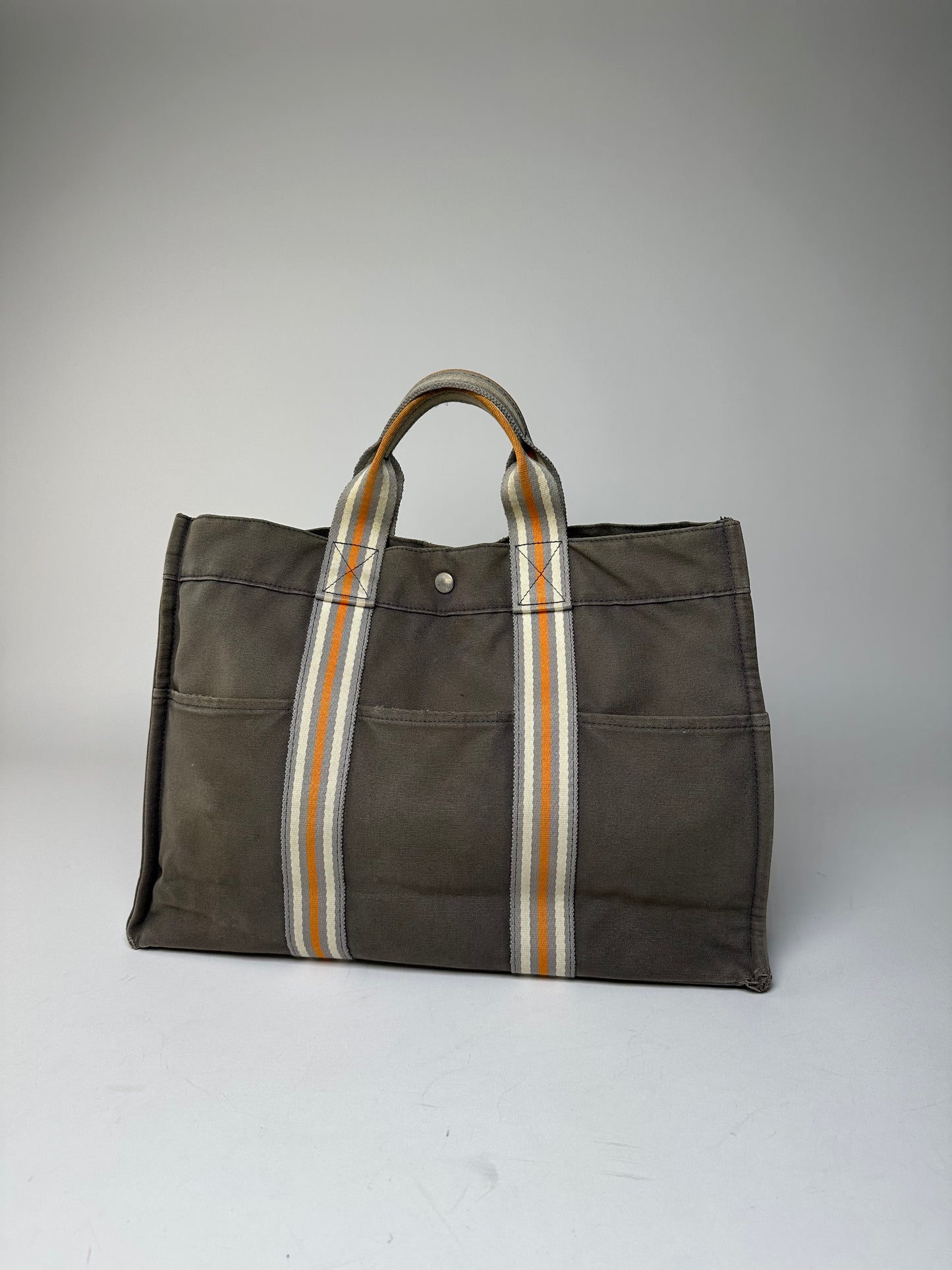 Vintage Hermes Canvas Tote Bag Grey Orange