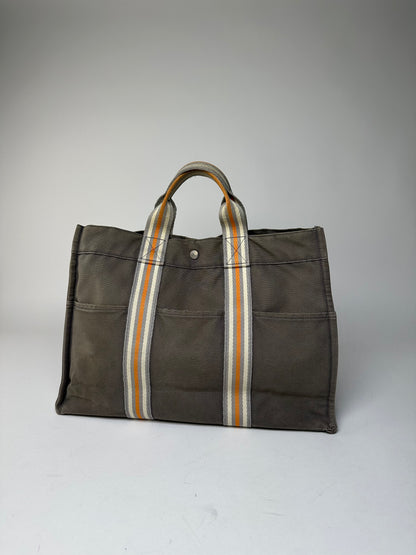 Vintage Hermes Canvas Tote Bag Grey Orange