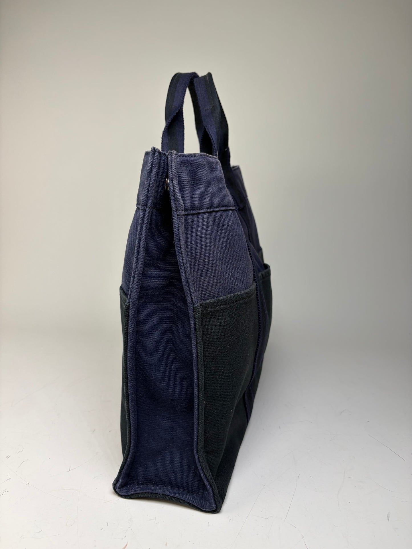 Vintage Hermes Cotton Canvas Tote Navy Black Silver