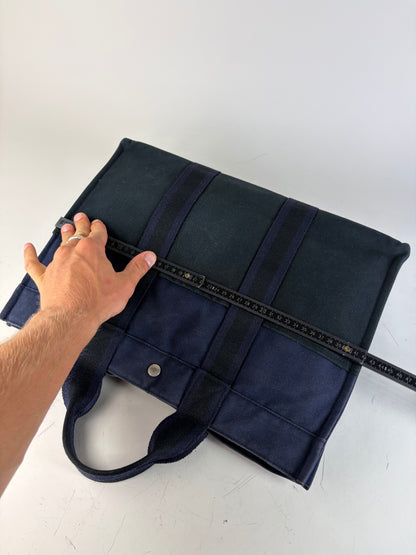 Vintage Hermes Cotton Canvas Tote Navy Black Silver