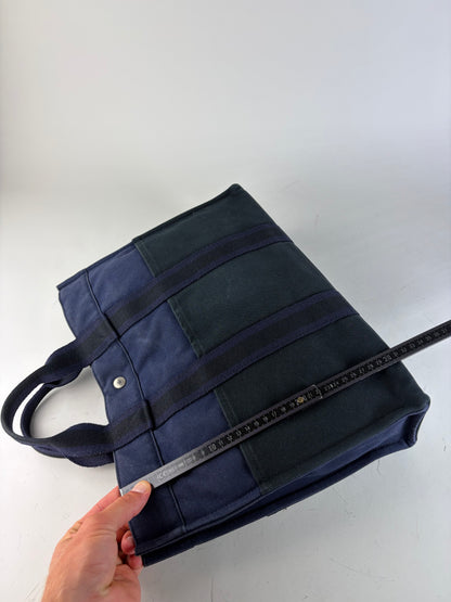 Vintage Hermes Cotton Canvas Tote Navy Black Silver