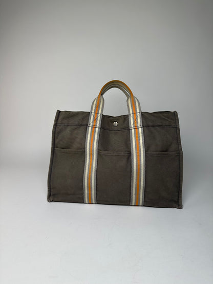 Vintage Hermes Canvas Tote Bag Grey Orange
