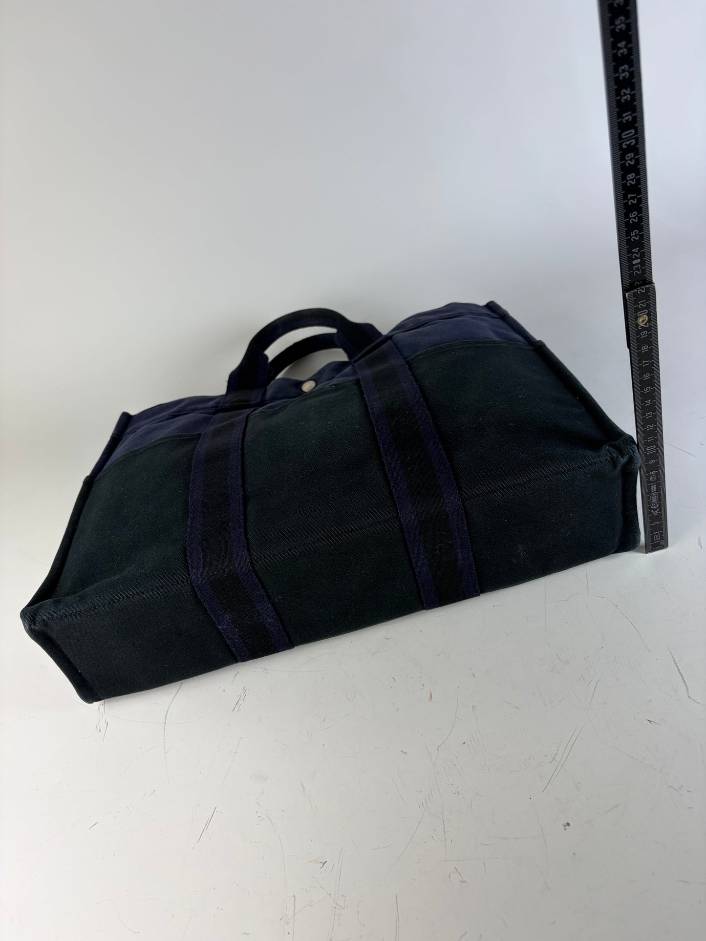 Vintage Hermes Cotton Canvas Tote Navy Black Silver