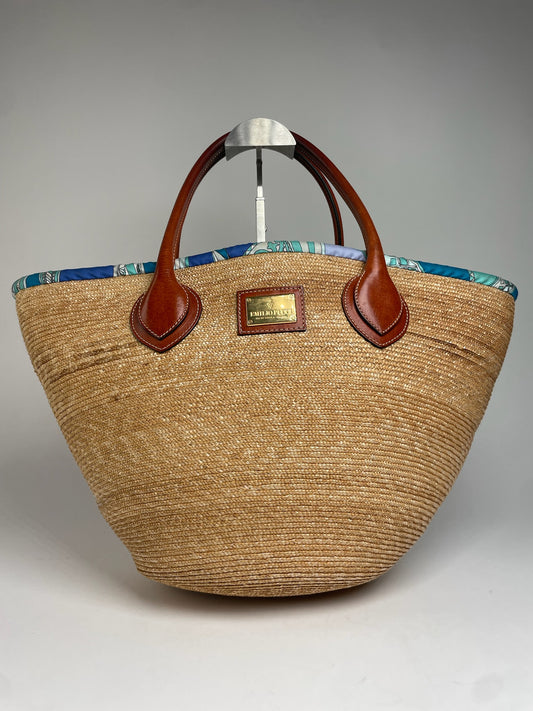 Vintage Emilio Pucci Bucket Tote Bag Beige Blue