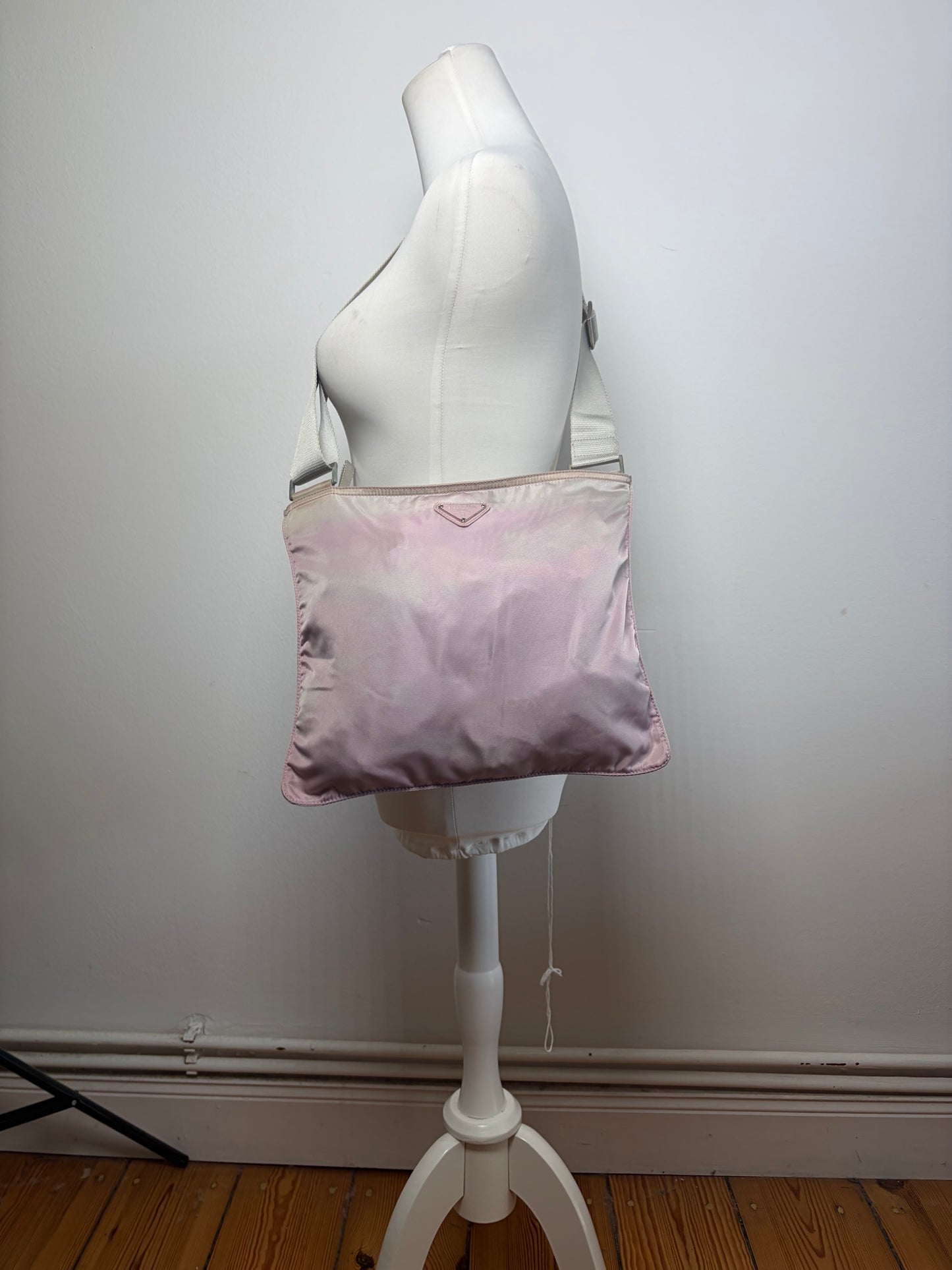 Vintage Prada Nylon Flap Crossbody Bag Light Pink Cream