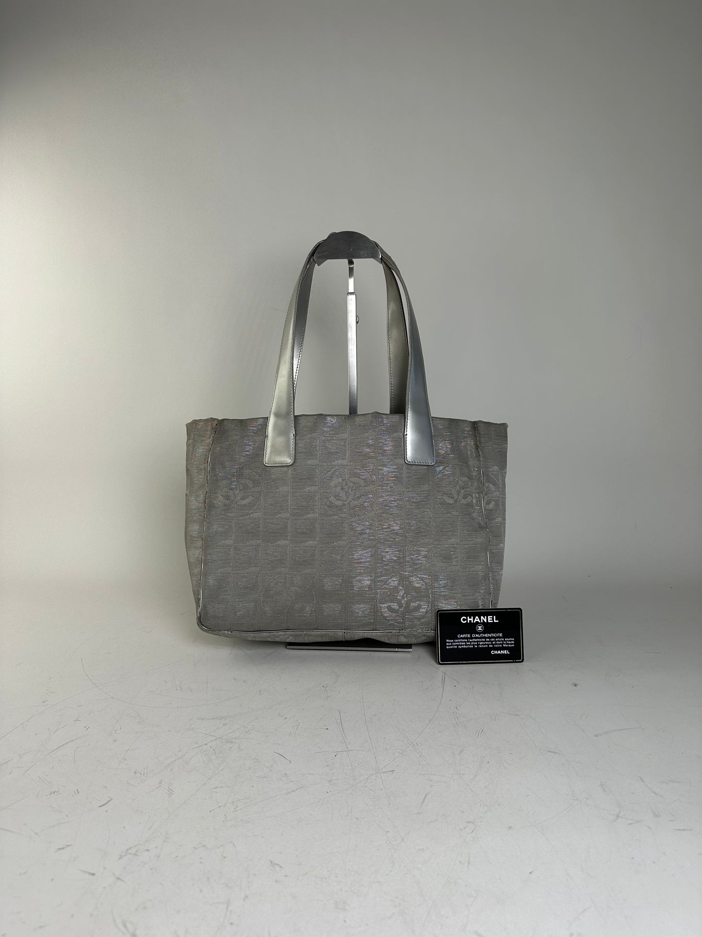 Vintage Chanel Satin Leather Trim Tote Bag Silver