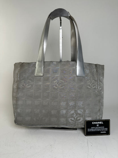 Vintage Chanel Satin Leather Trim Tote Bag Silver