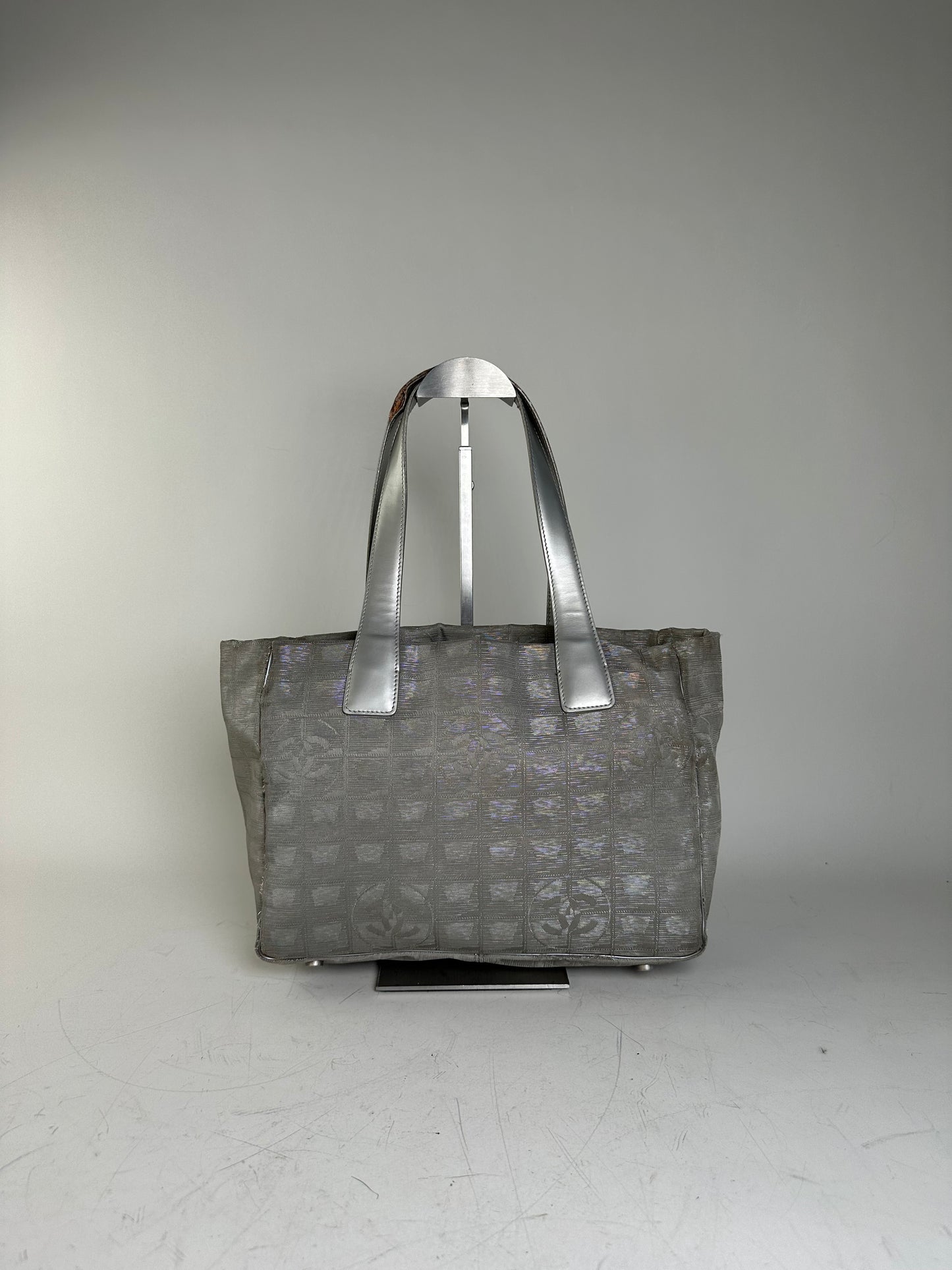 Vintage Chanel Satin Leather Trim Tote Bag Silver