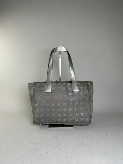 Vintage Chanel Satin Leather Trim Tote Bag Silver