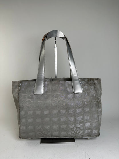 Vintage Chanel Satin Leather Trim Tote Bag Silver