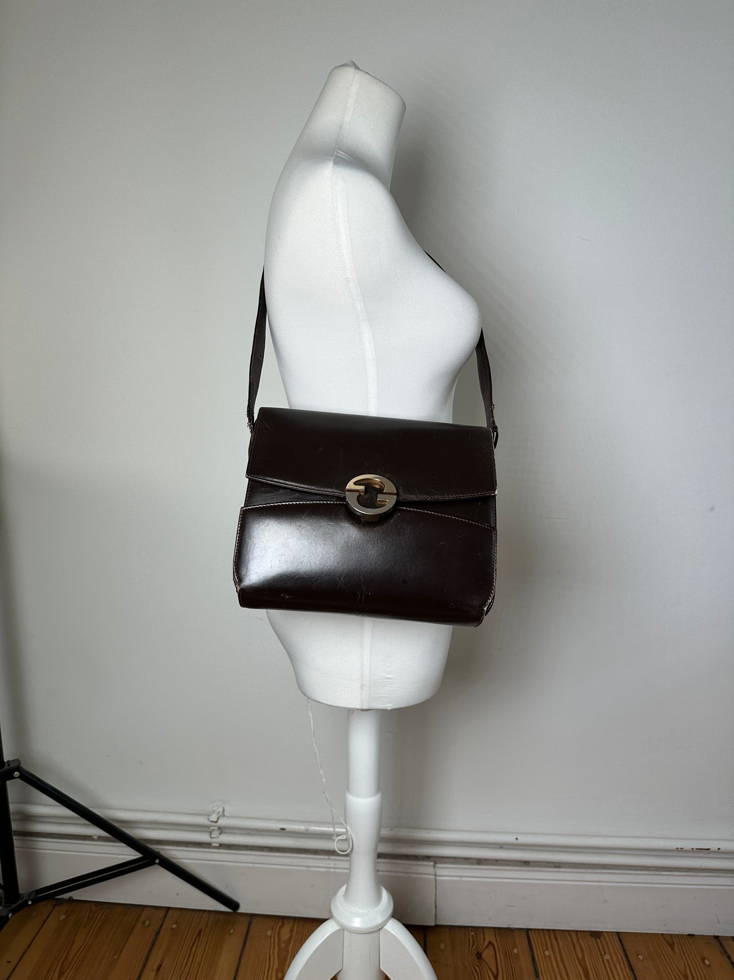 Vintage Gucci Leather Crossbody Bag Brown Gold