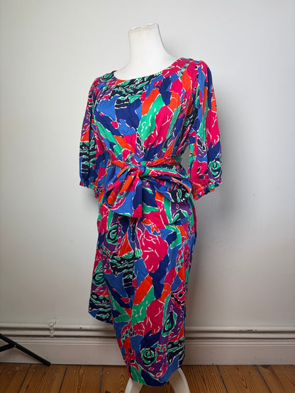 Vintage Yves Saint Laurent Cotton Floral Midi Dress Multicolor M