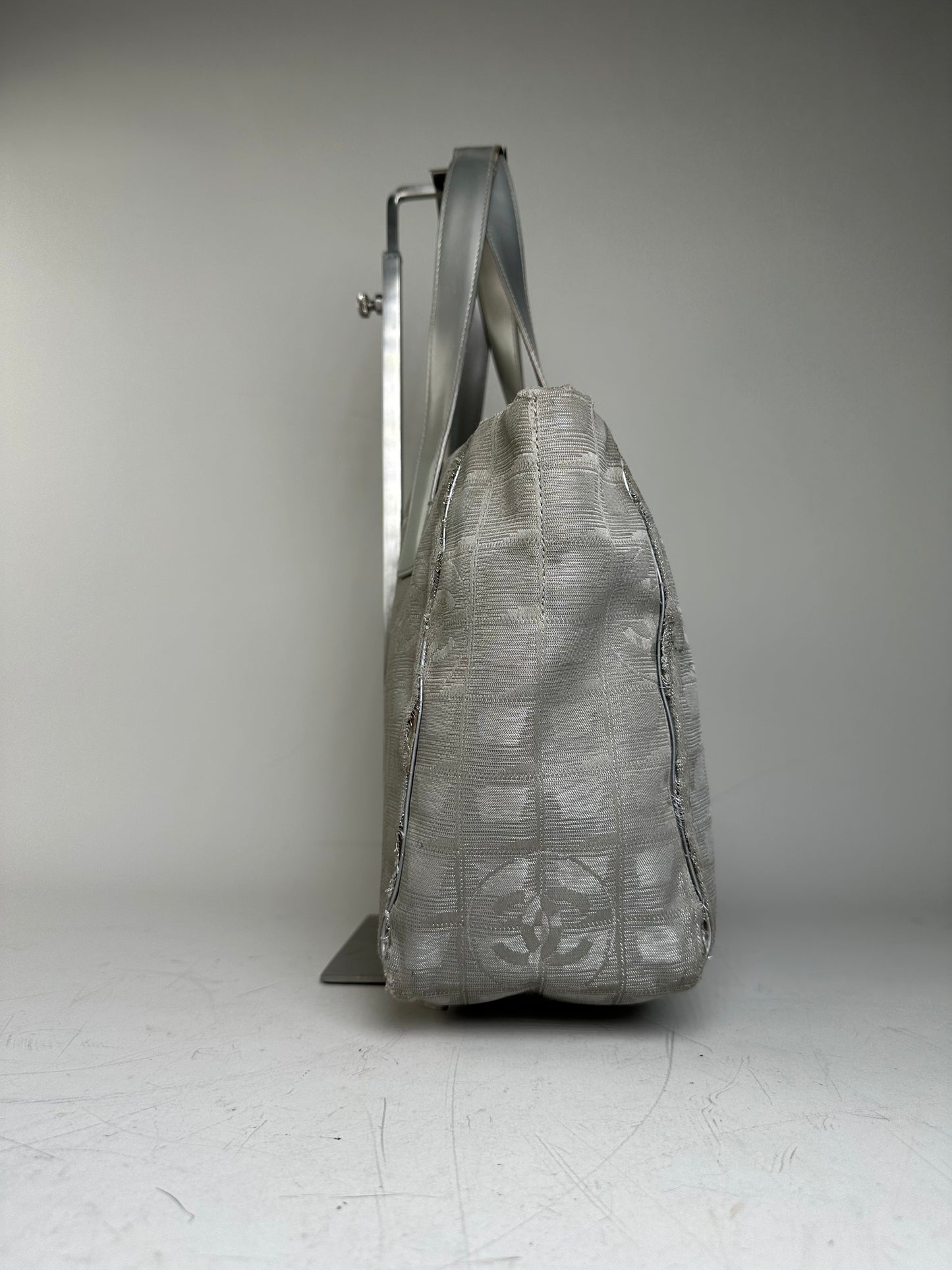 Vintage Chanel Satin Leather Trim Tote Bag Silver