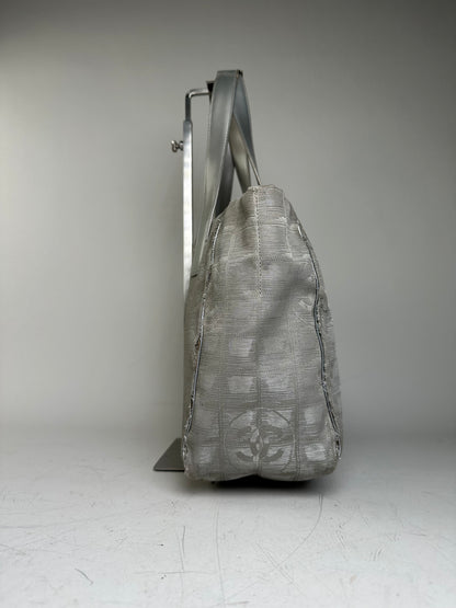 Vintage Chanel Satin Leather Trim Tote Bag Silver