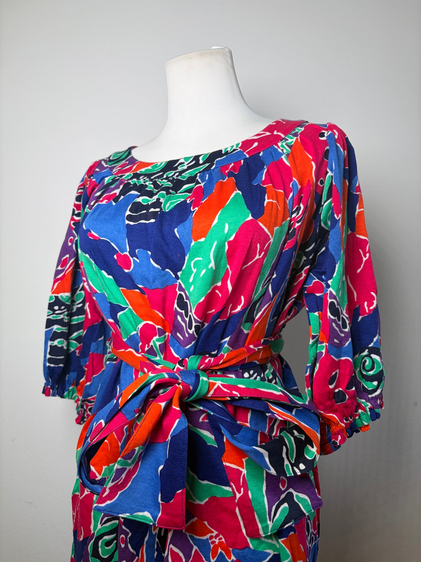 Vintage Yves Saint Laurent Cotton Floral Midi Dress Multicolor M