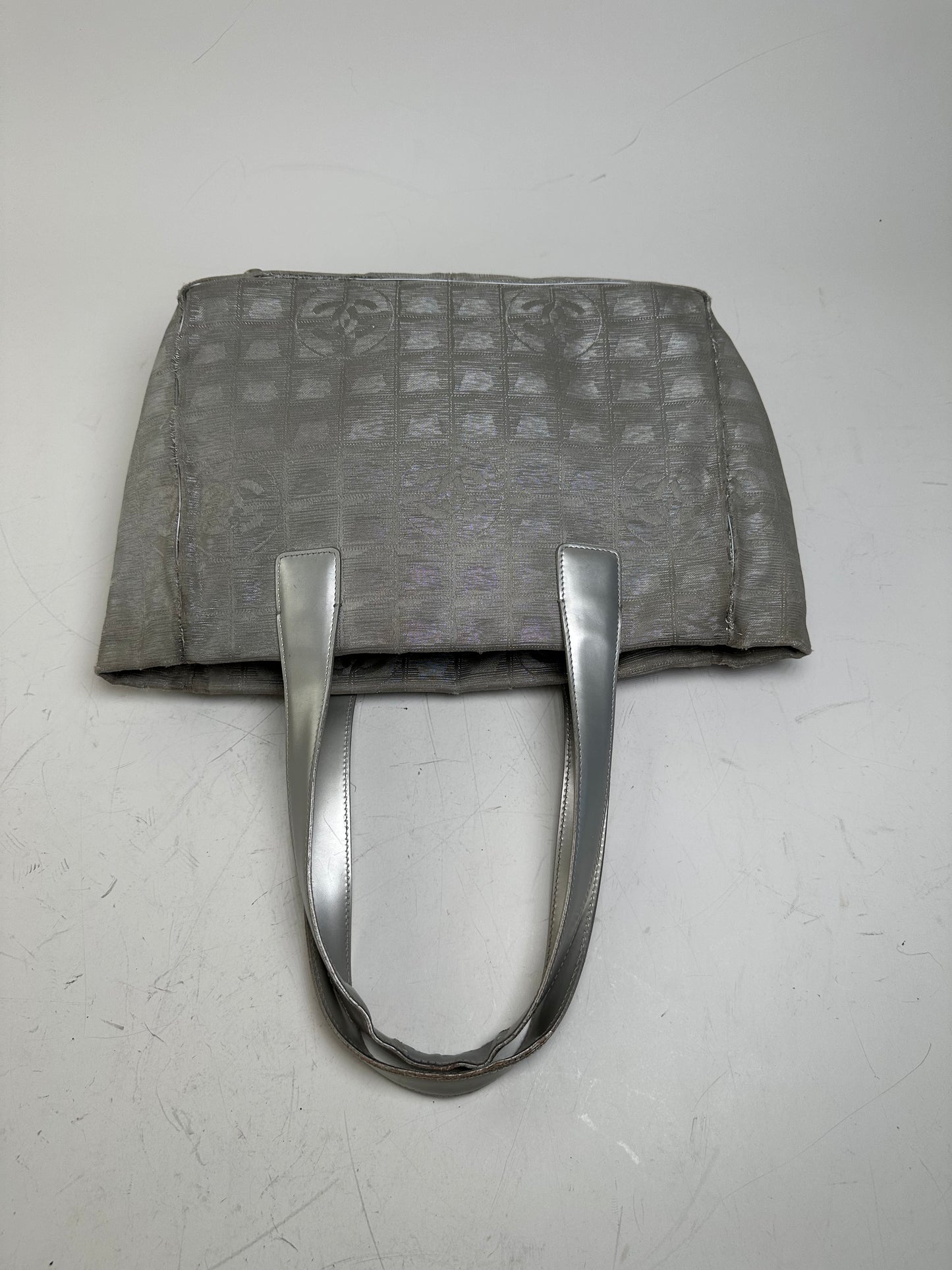 Vintage Chanel Satin Leather Trim Tote Bag Silver