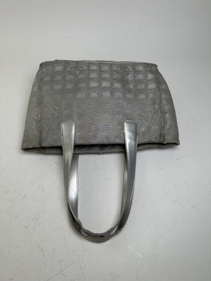 Vintage Chanel Satin Leather Trim Tote Bag Silver