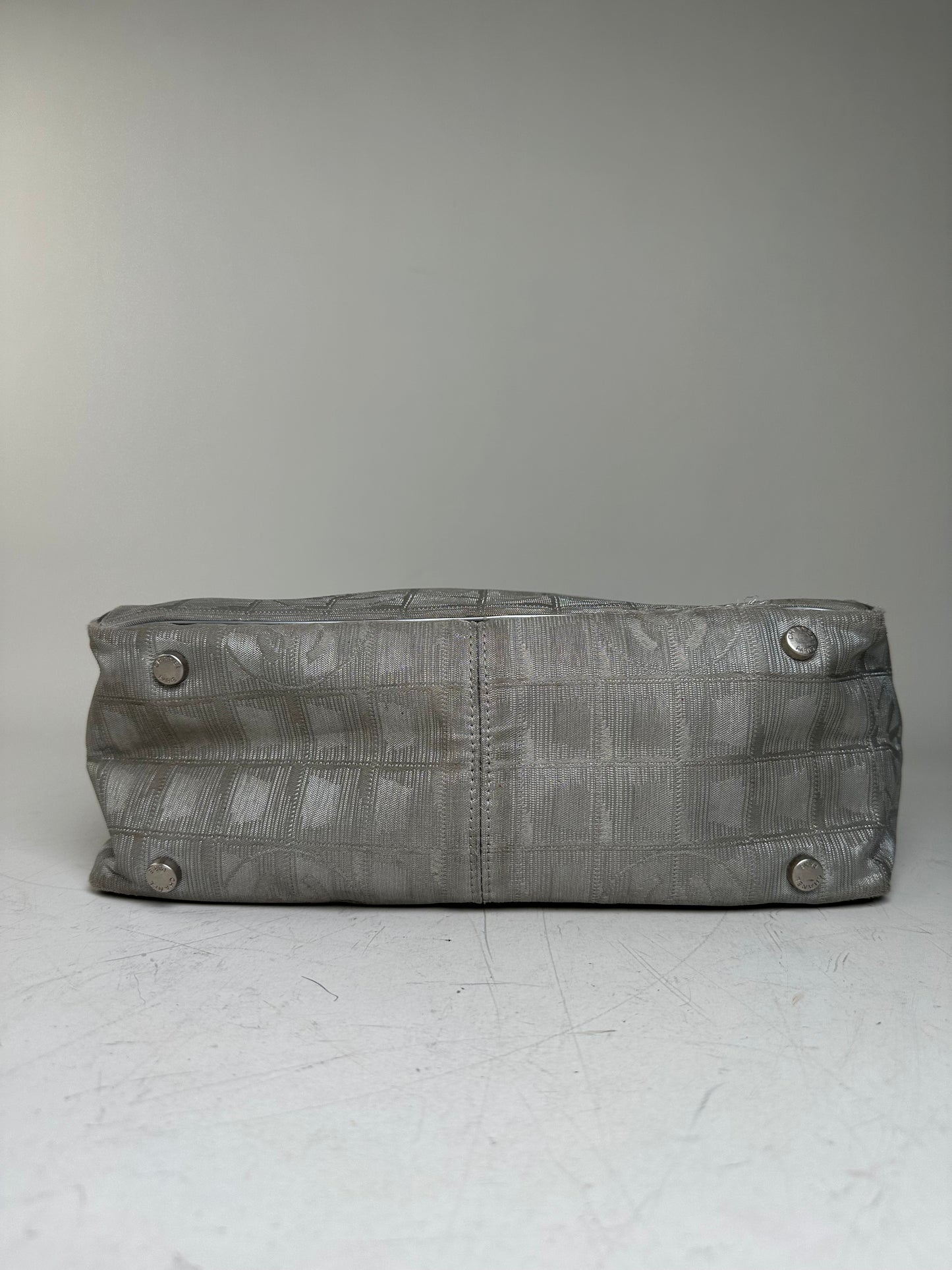 Vintage Chanel Satin Leather Trim Tote Bag Silver