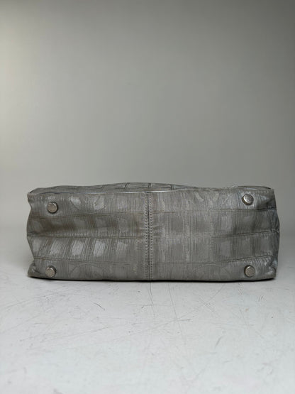 Vintage Chanel Satin Leather Trim Tote Bag Silver