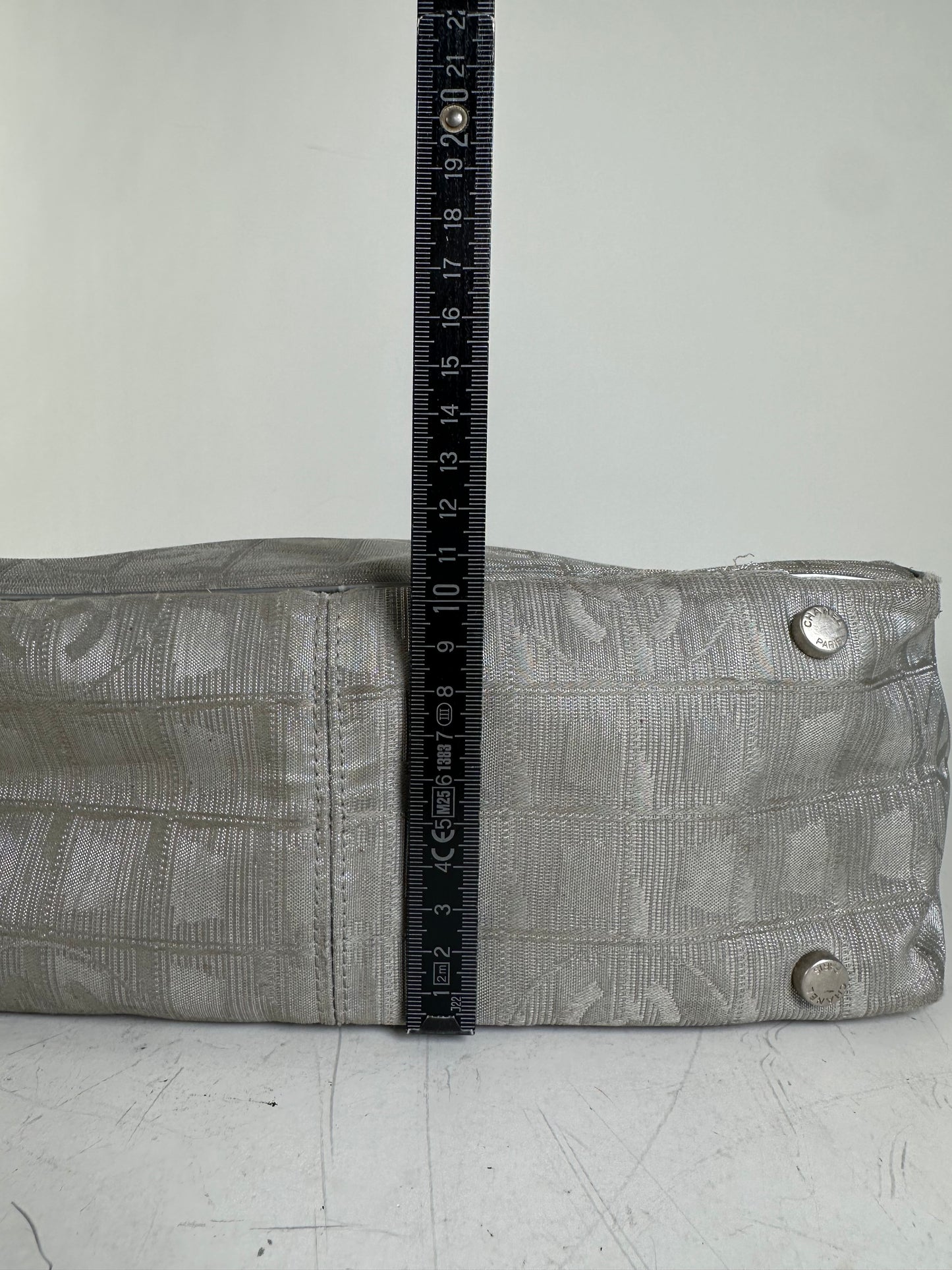 Vintage Chanel Satin Leather Trim Tote Bag Silver