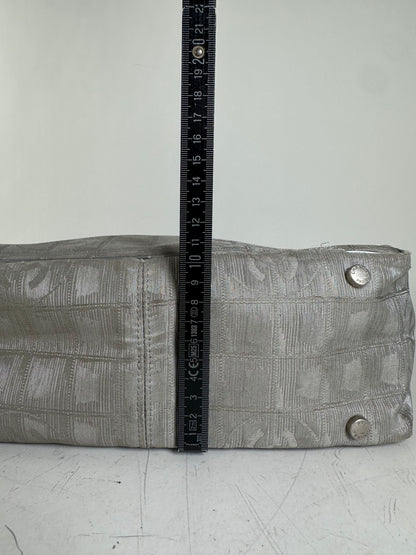 Vintage Chanel Satin Leather Trim Tote Bag Silver