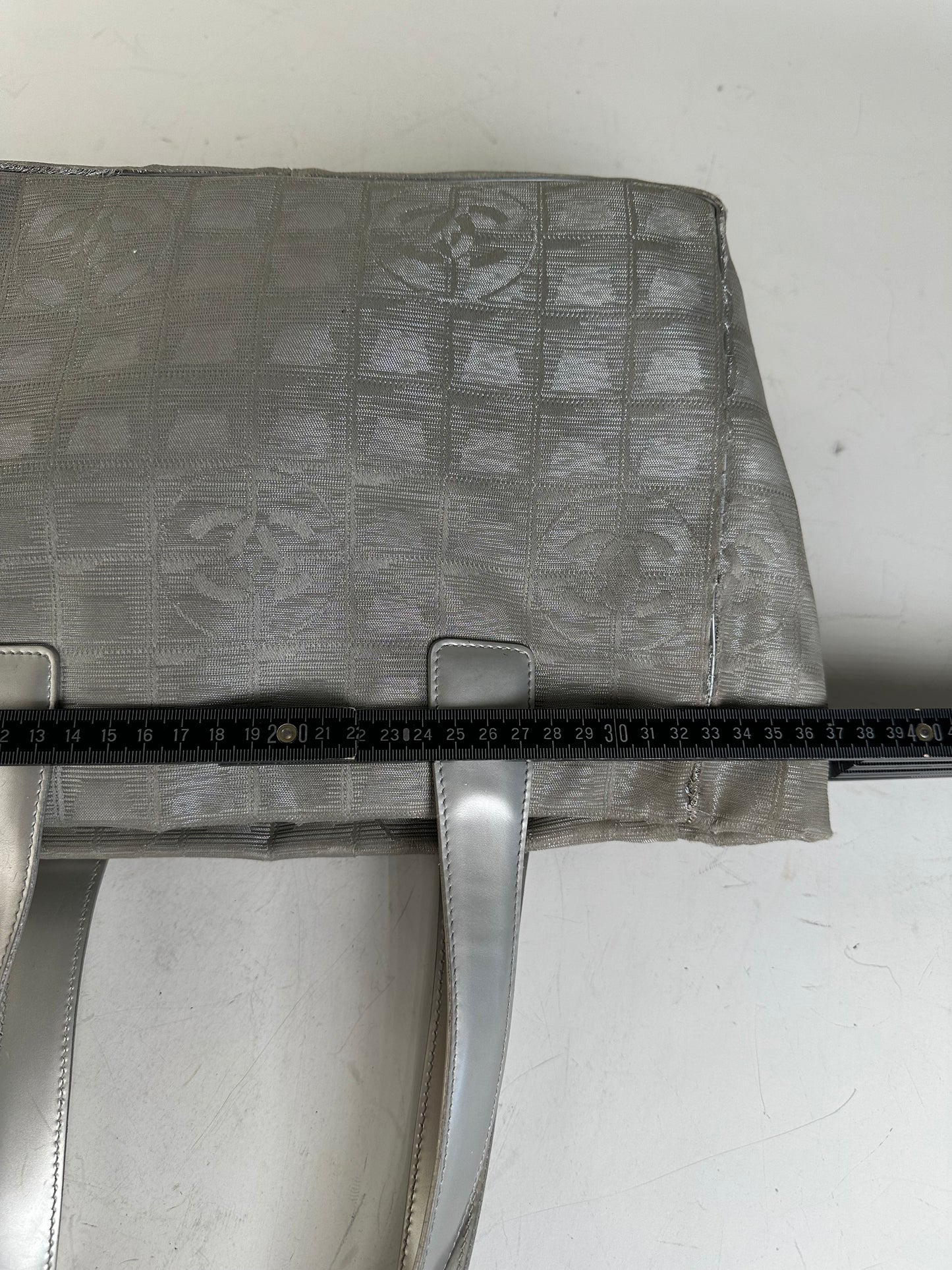 Vintage Chanel Satin Leather Trim Tote Bag Silver