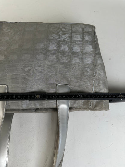 Vintage Chanel Satin Leather Trim Tote Bag Silver