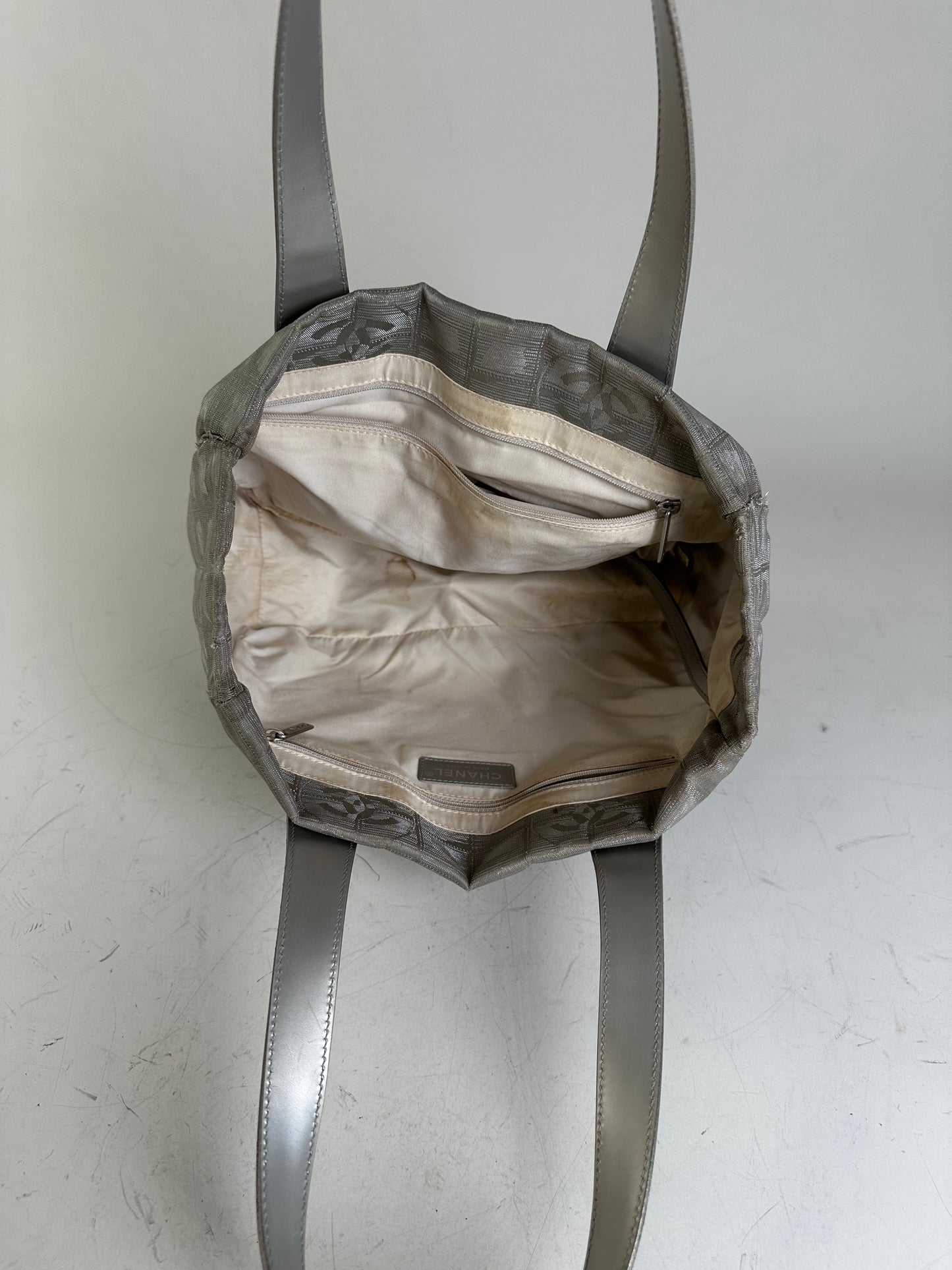 Vintage Chanel Satin Leather Trim Tote Bag Silver