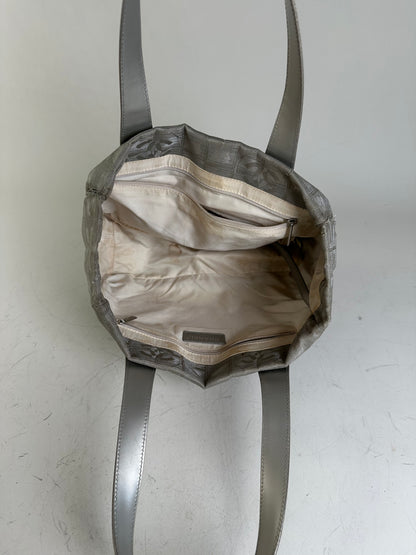 Vintage Chanel Satin Leather Trim Tote Bag Silver