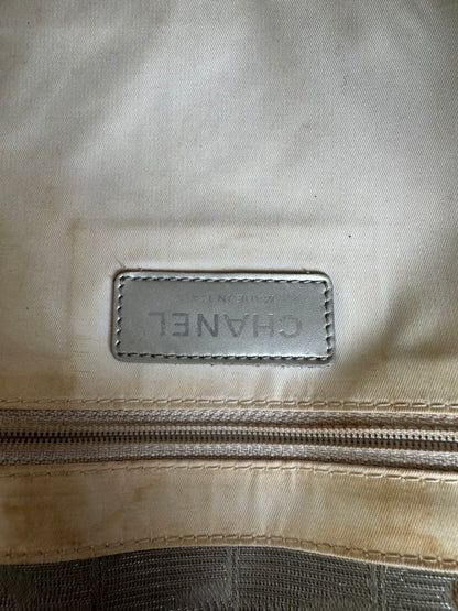 Vintage Chanel Satin Leather Trim Tote Bag Silver