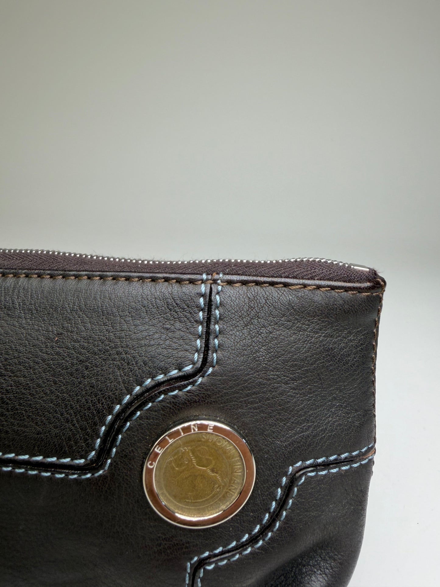 Vintage Celine Textured Leather Zip Pouch Black Silver
