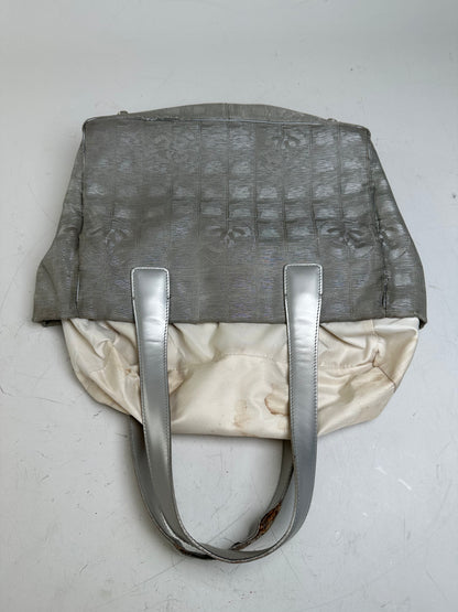 Vintage Chanel Satin Leather Trim Tote Bag Silver