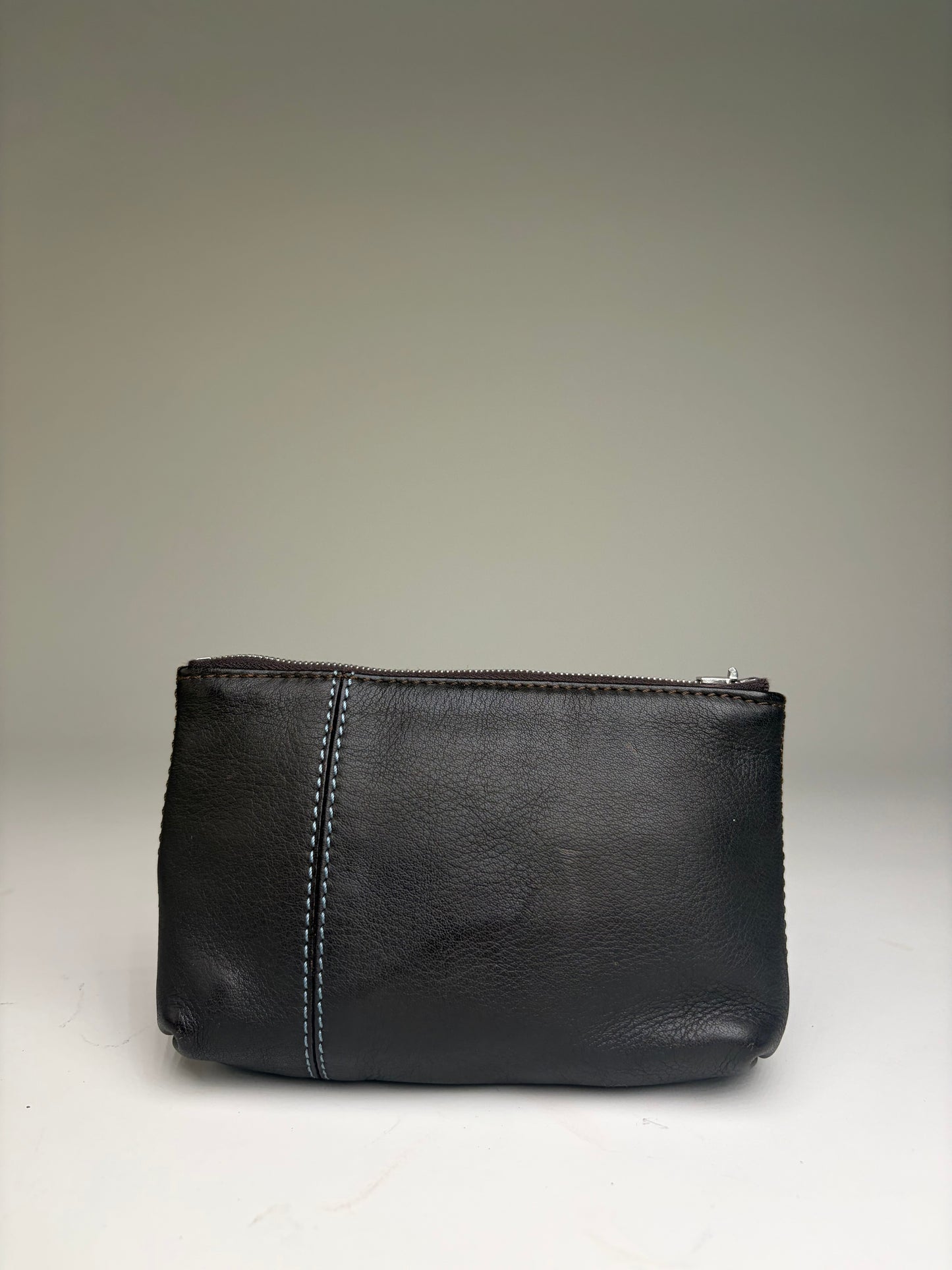 Vintage Celine Textured Leather Zip Pouch Black Silver