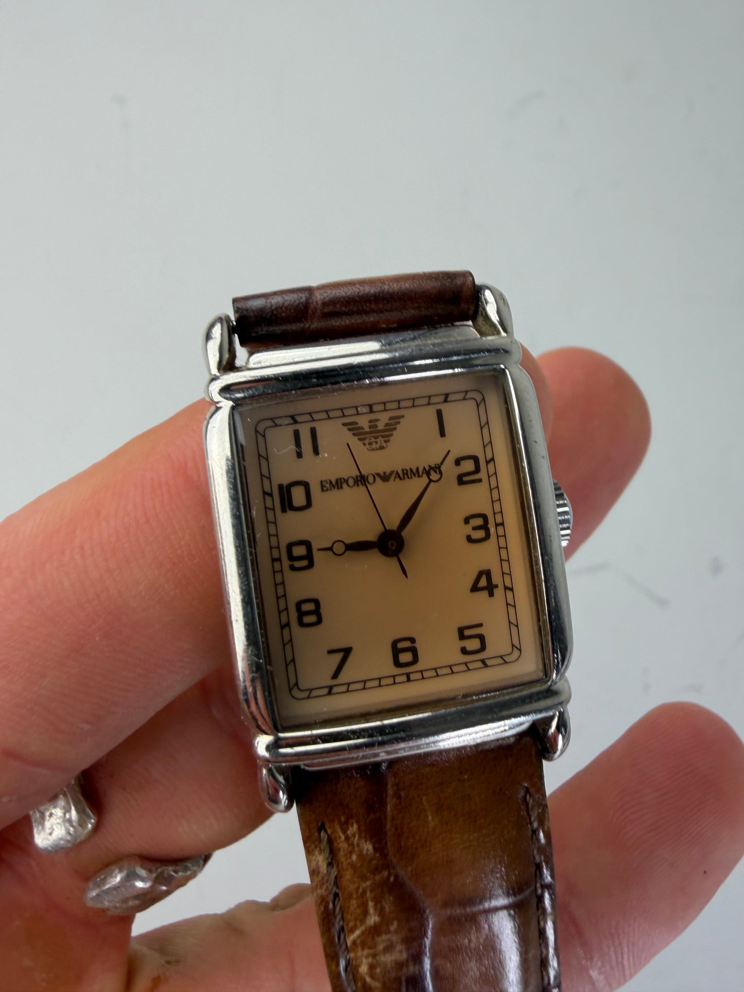 Vintage Emporio Armani Stainless Steel Leather Strap Watch Cream Brown