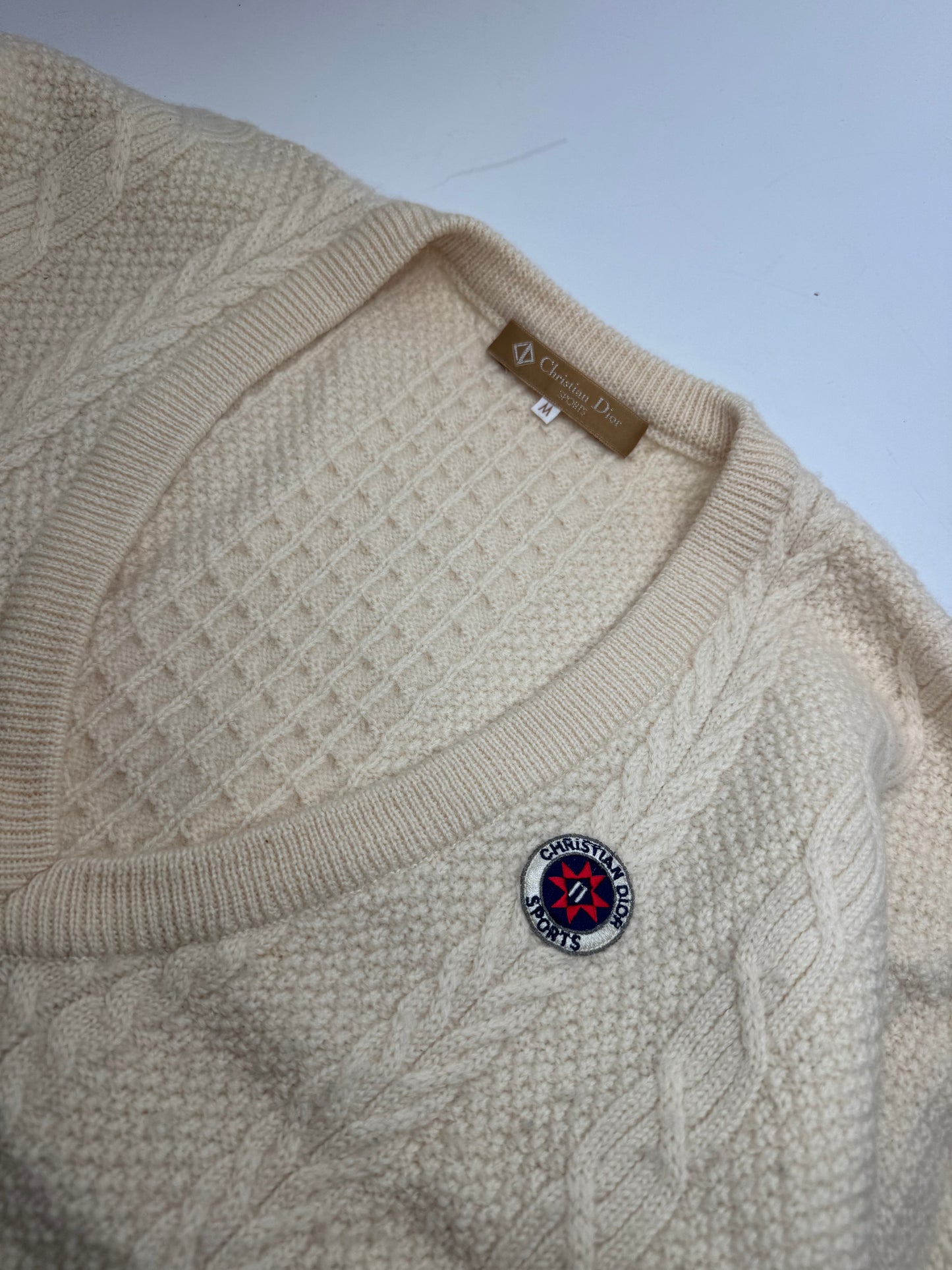 Vintage Dior Wool V-Neck Sweater Beige M