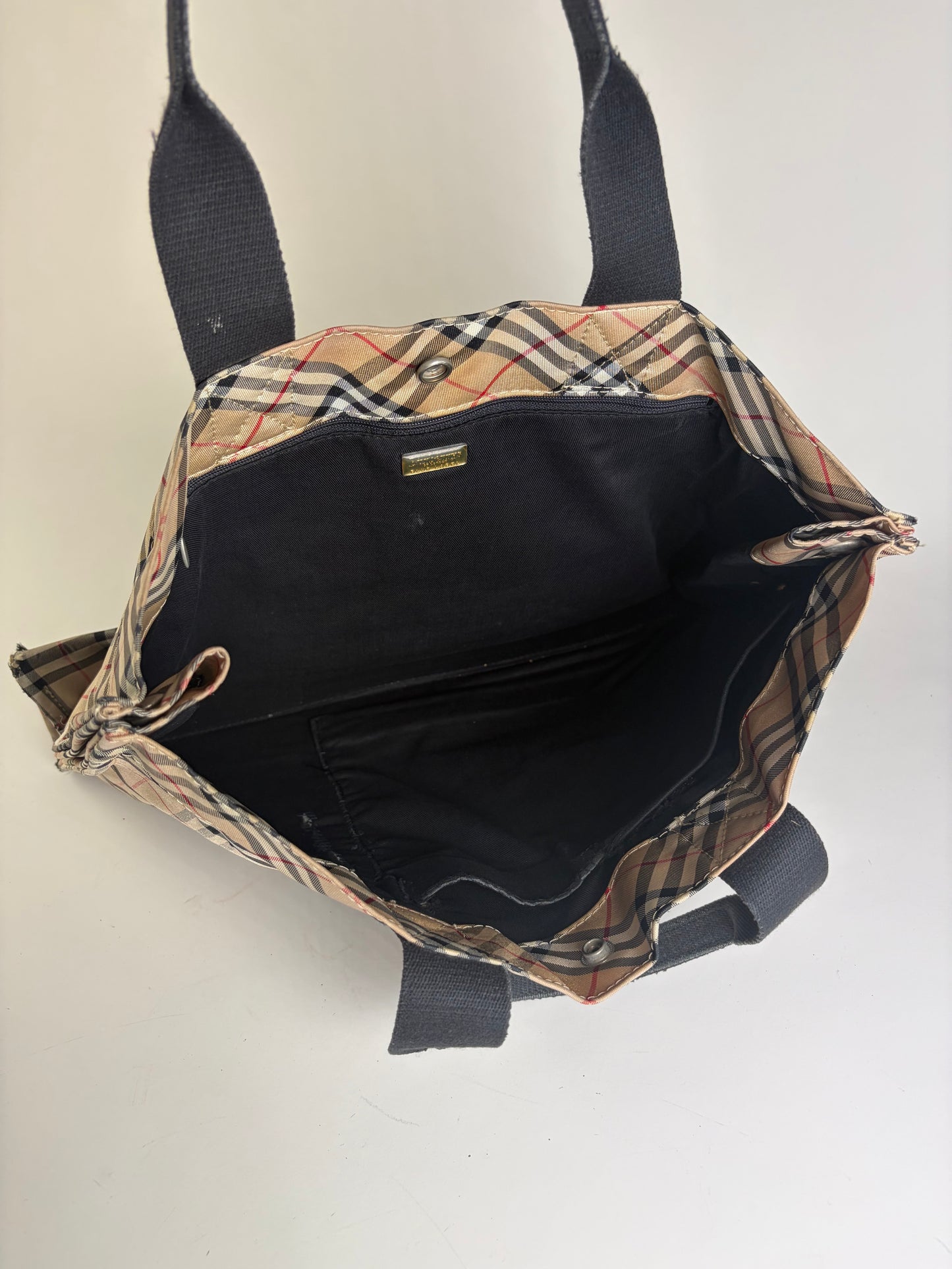 Vintage Burberry Tartan Coated Canvas Tote Beige Navy