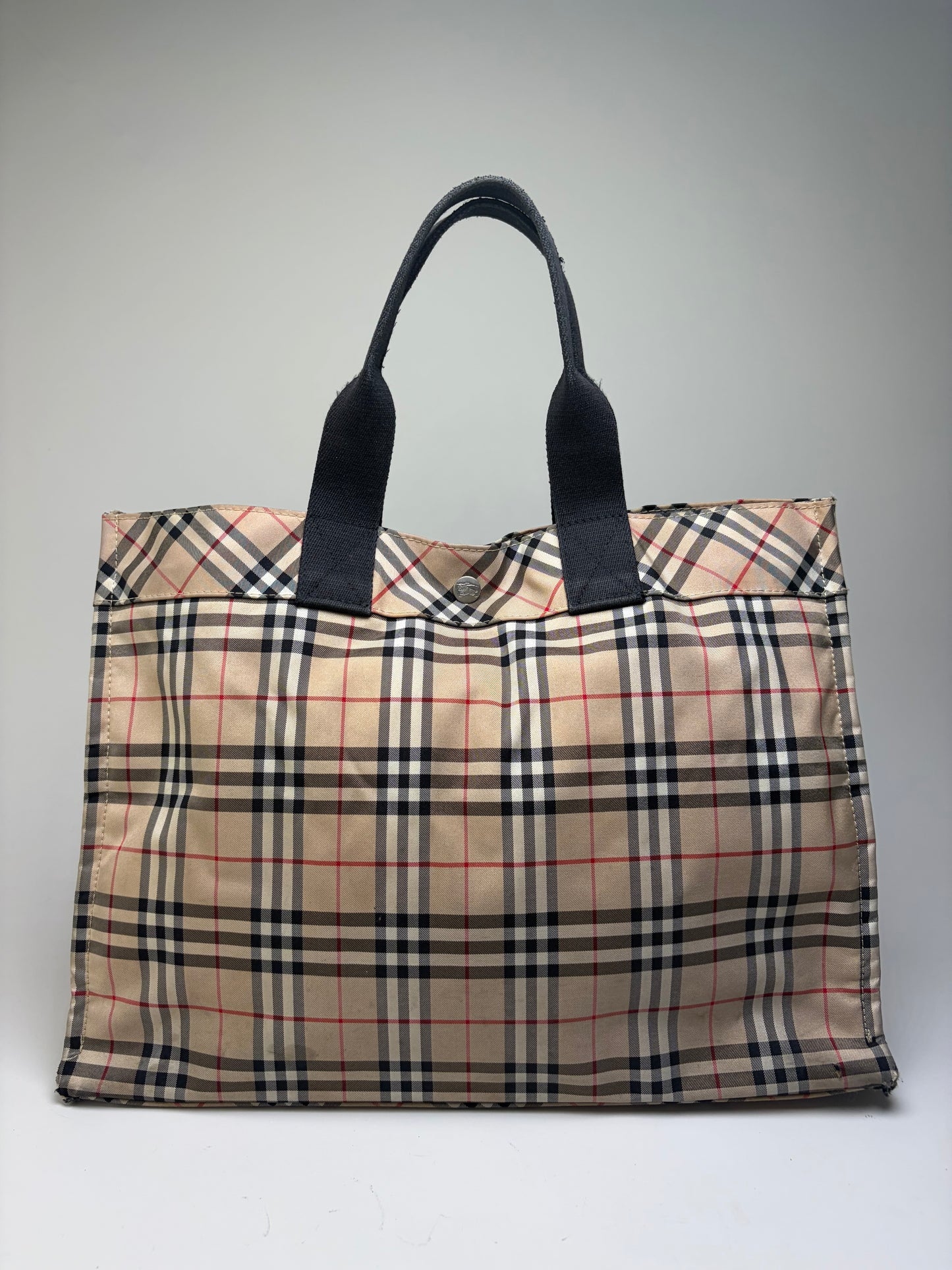 Vintage Burberry Tartan Coated Canvas Tote Beige Navy