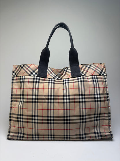 Vintage Burberry Tartan Coated Canvas Tote Beige Navy
