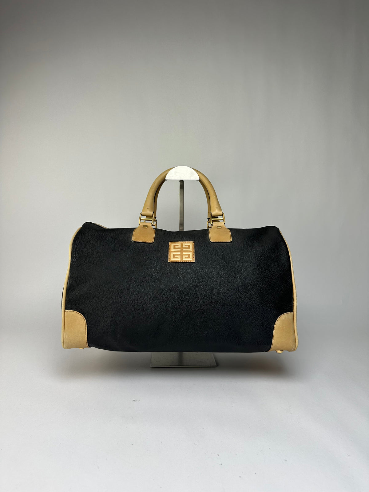Vintage Givenchy 4G Logo Structured Duffle Bag Late 1970s Black Beige