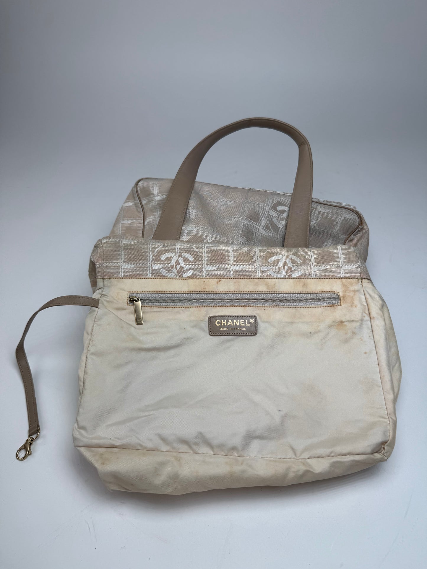 Vintage Chanel Monogram Canvas Leather Tote Bag Beige Brown