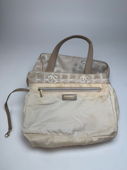 Vintage Chanel Monogram Canvas Leather Tote Bag Beige Brown