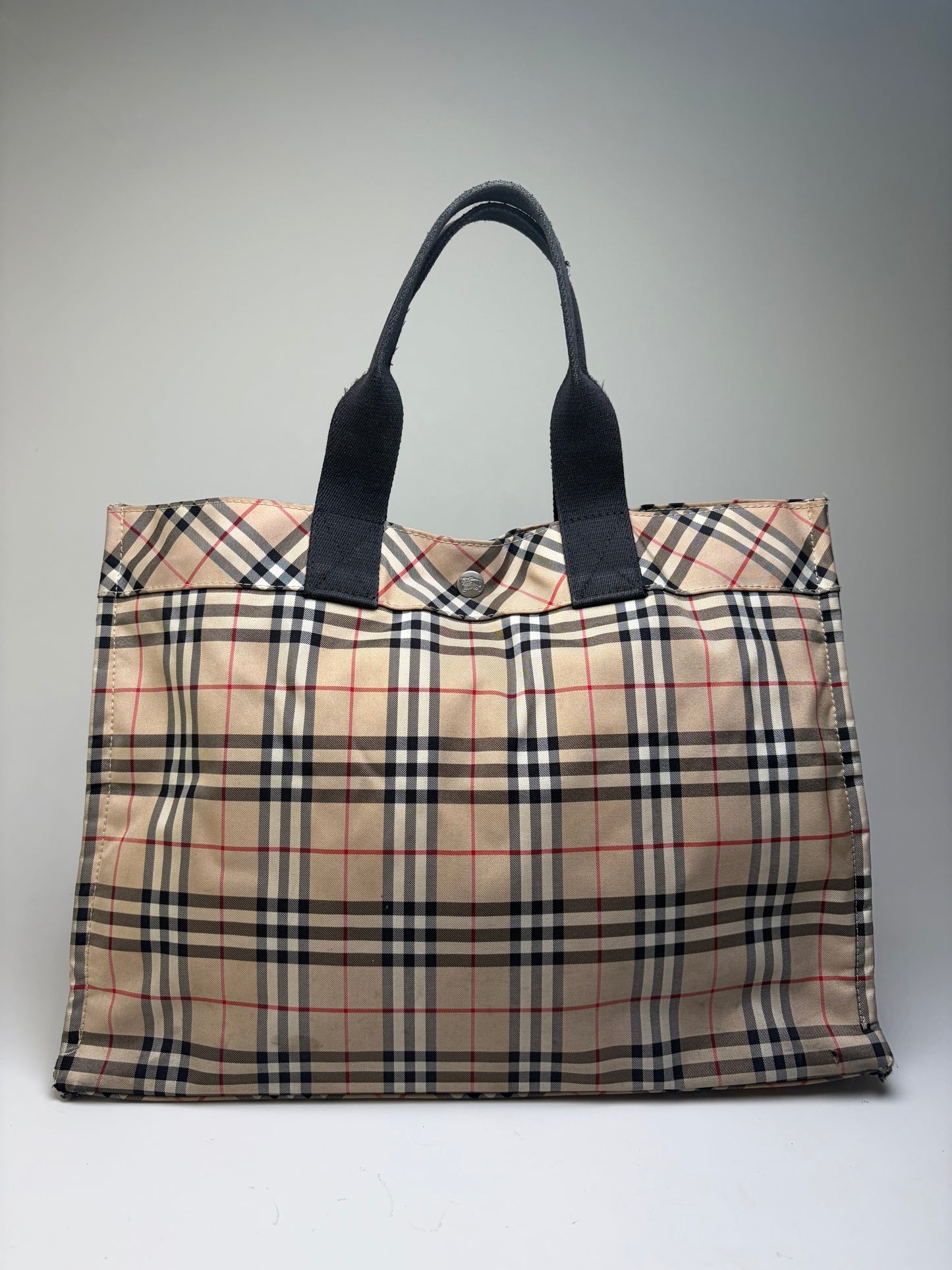 Vintage Burberry Tartan Coated Canvas Tote Beige Navy