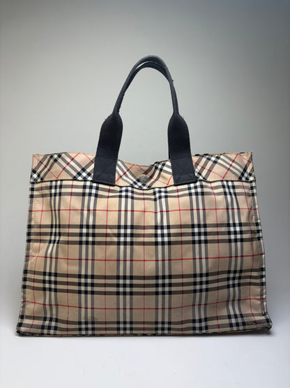 Vintage Burberry Tartan Coated Canvas Tote Beige Navy