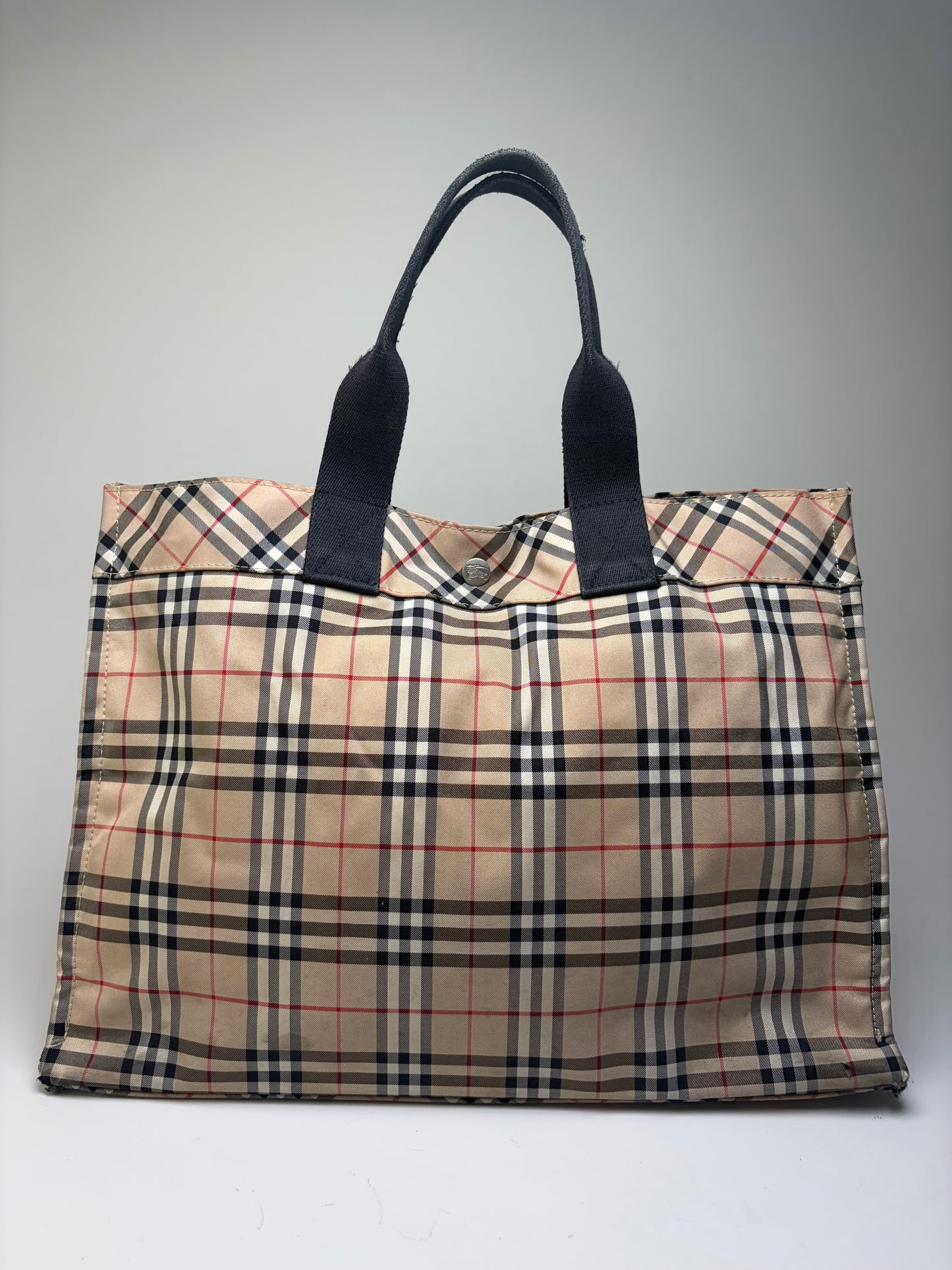 Vintage Burberry Tartan Coated Canvas Tote Beige Navy