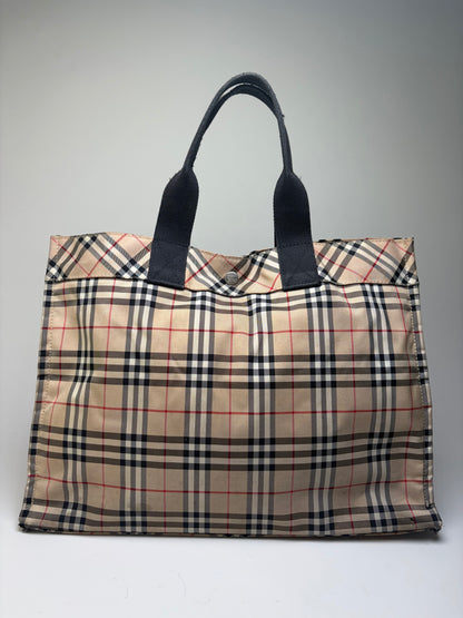Vintage Burberry Tartan Coated Canvas Tote Beige Navy