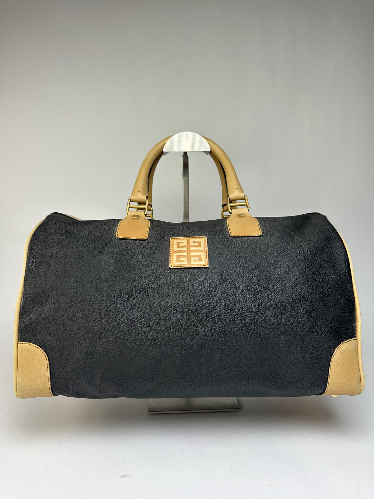 Vintage Givenchy 4G Logo Structured Duffle Bag Late 1970s Black Beige