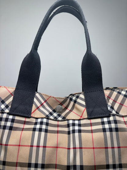 Vintage Burberry Tartan Coated Canvas Tote Beige Navy