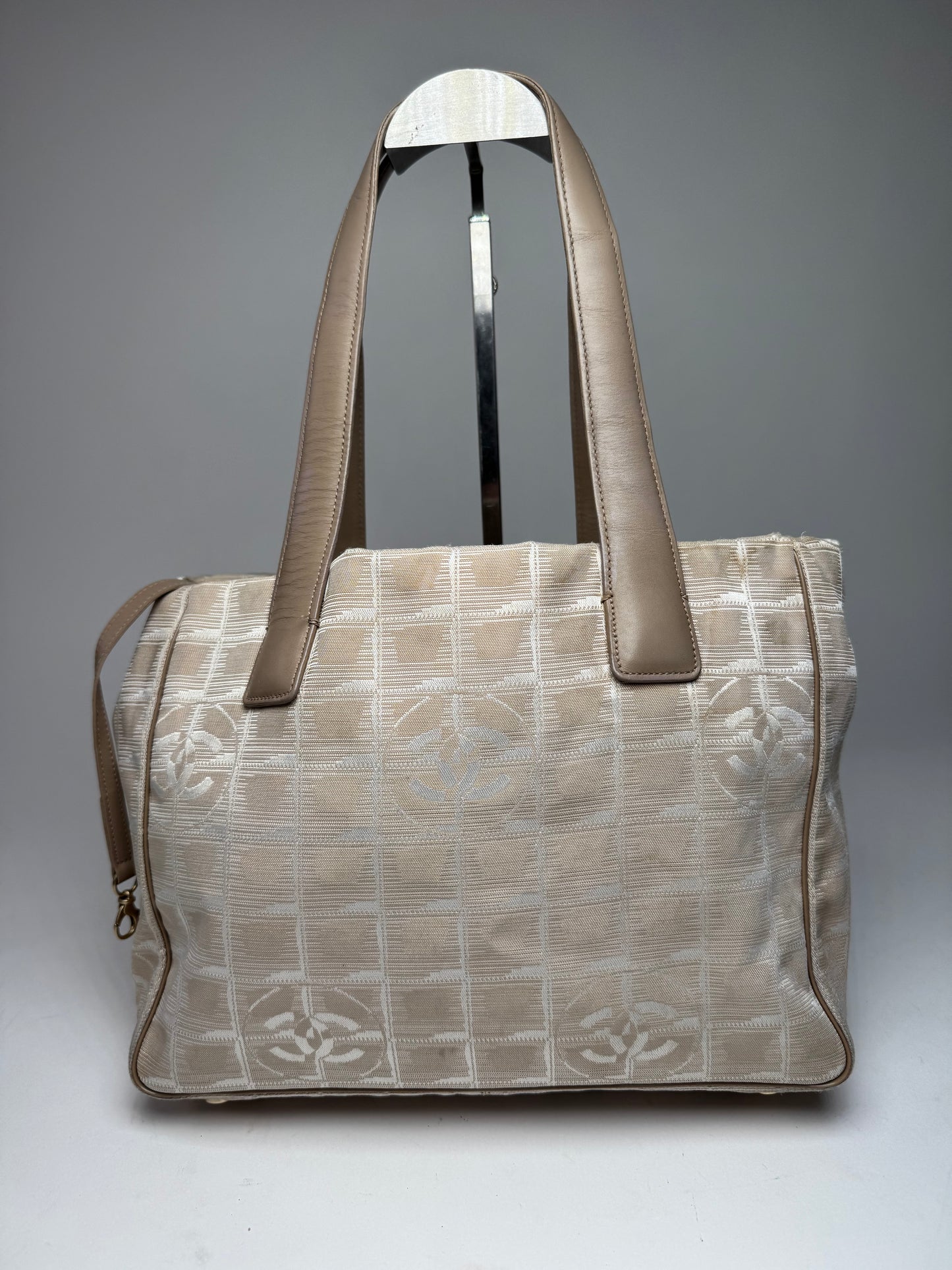 Vintage Chanel Monogram Canvas Leather Tote Bag Beige Brown